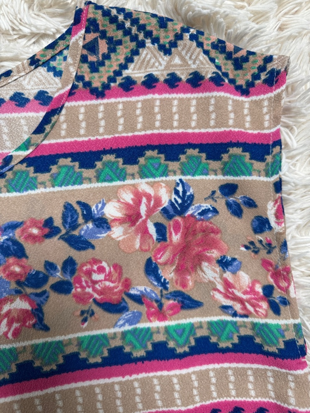 Under Skies Floral & Geometric Midi Shift Dress 💗 Beige Pink Blue & Green - Picture 9 of 16